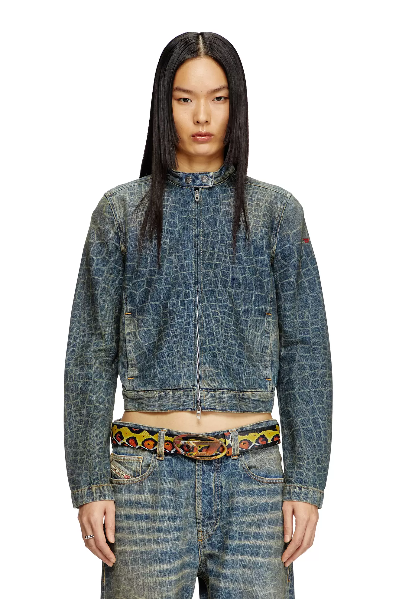 Moto jacket in snake-print denim