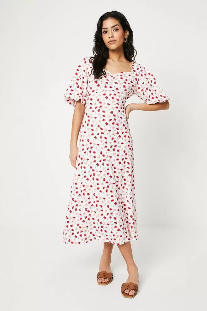 Petite Ditsy Ruched Front Puff Sleeve Jersey Midi Dress