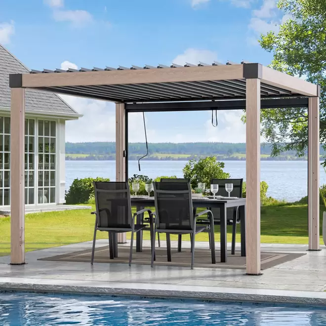 Sunjoy Beige Solar LED Adjustable Louvered Roof Pergola Gazebo 3m x 3m