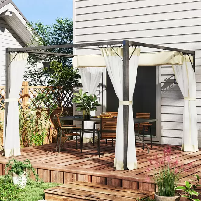 Outsunny Khaki Retractable Roof Pergola Gazebo with Netting 3 x 3m
