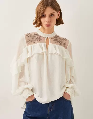 Debbie Embellished Polka Dot Ruffle Blouse Ivory
