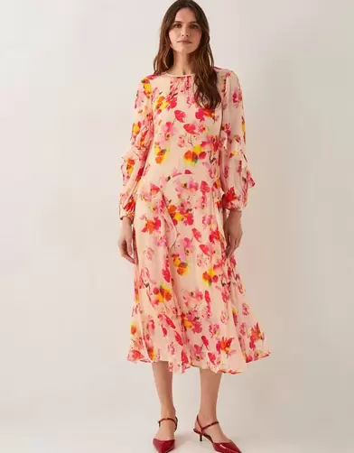 Vanna Frill Floral Print Midi Dress Ivory