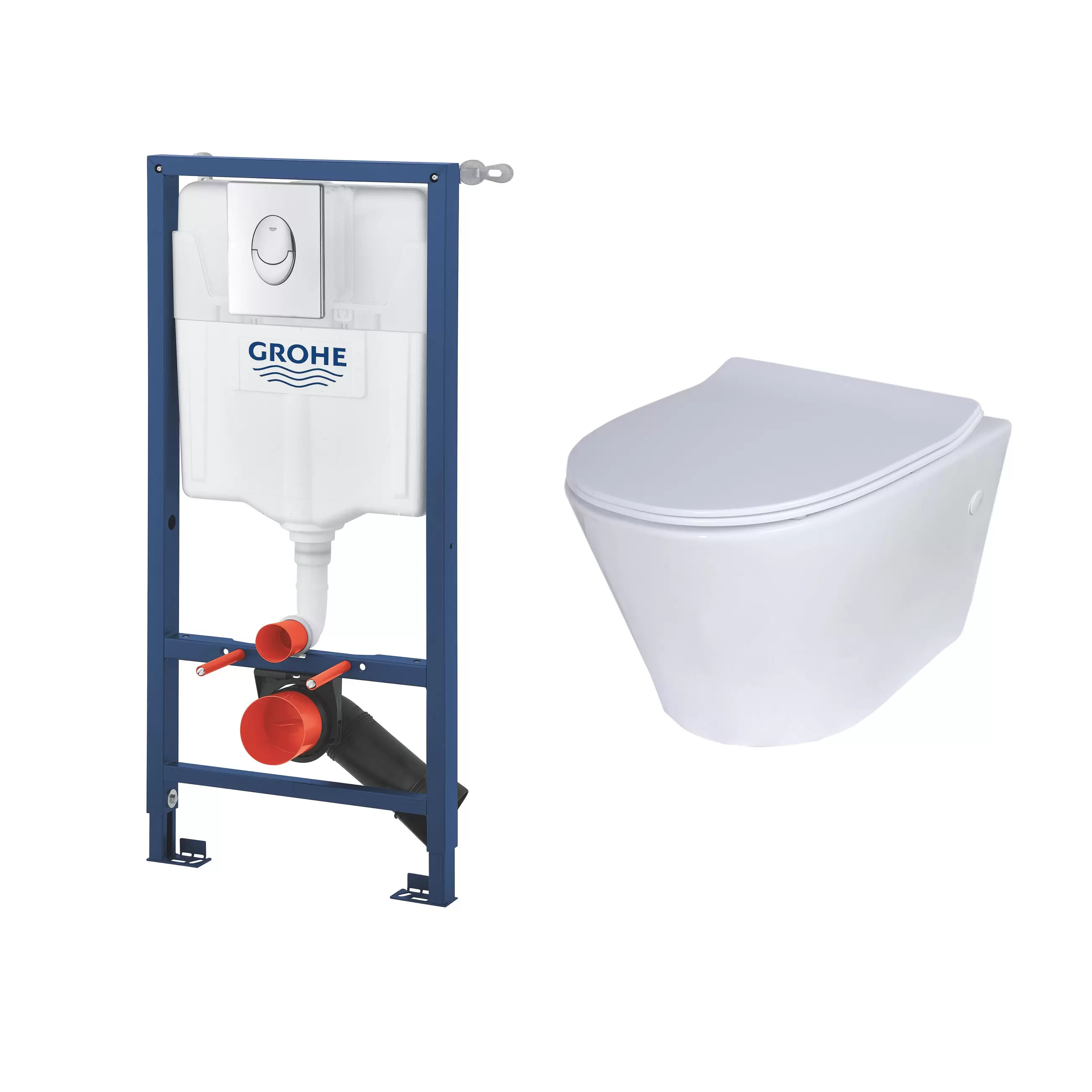 Grohe Fuertre White Wall hung Round Toilet Soft close seat & Concealed cistern