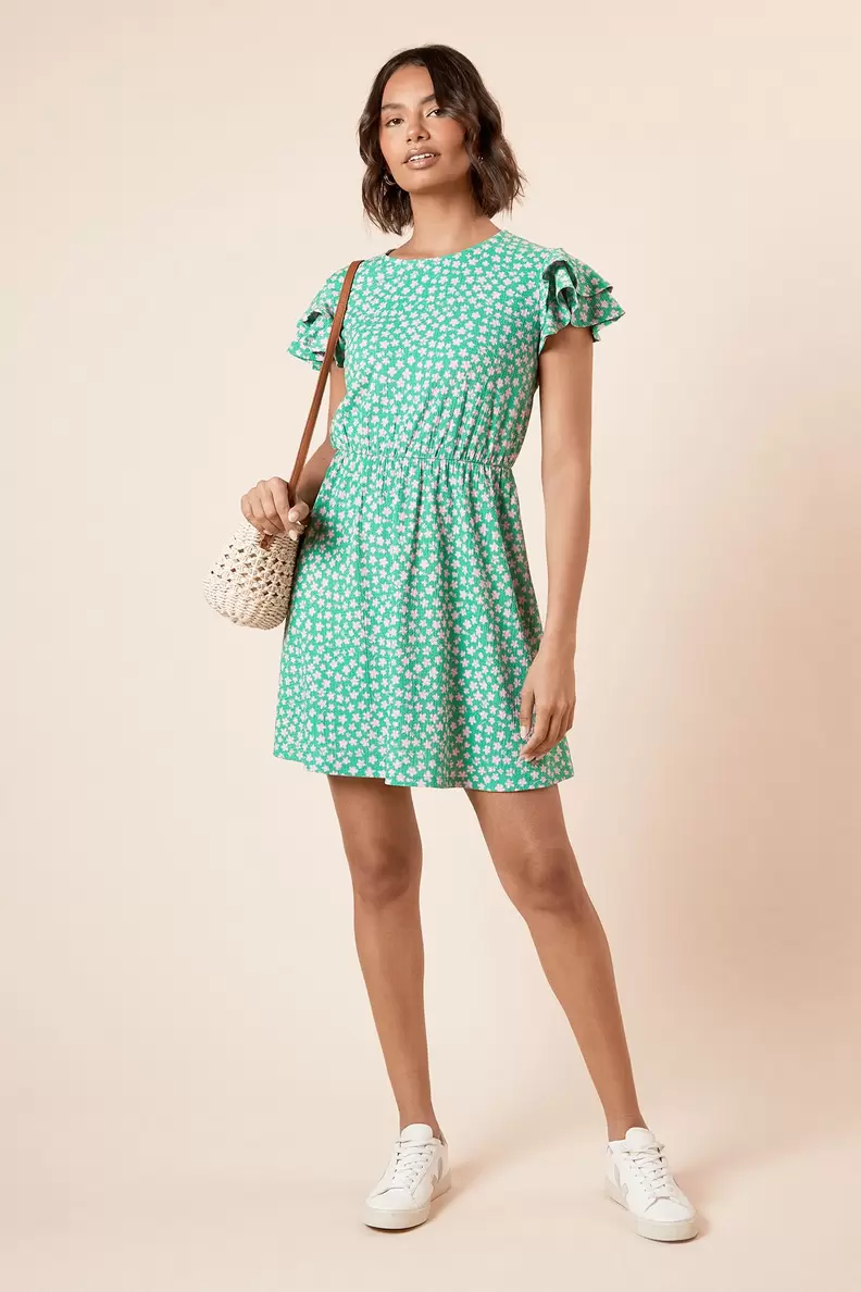 Green Ditsy Double Angel Sleeve Jersey Mini Dress