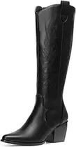Womens Cowboy Boots Wide Calf Comfortable Pull On Zipper Chunky Heel Pointed Toe Embroidered Western Cowgirl Knee High Boots Girls Ladies Retro Tall Boot