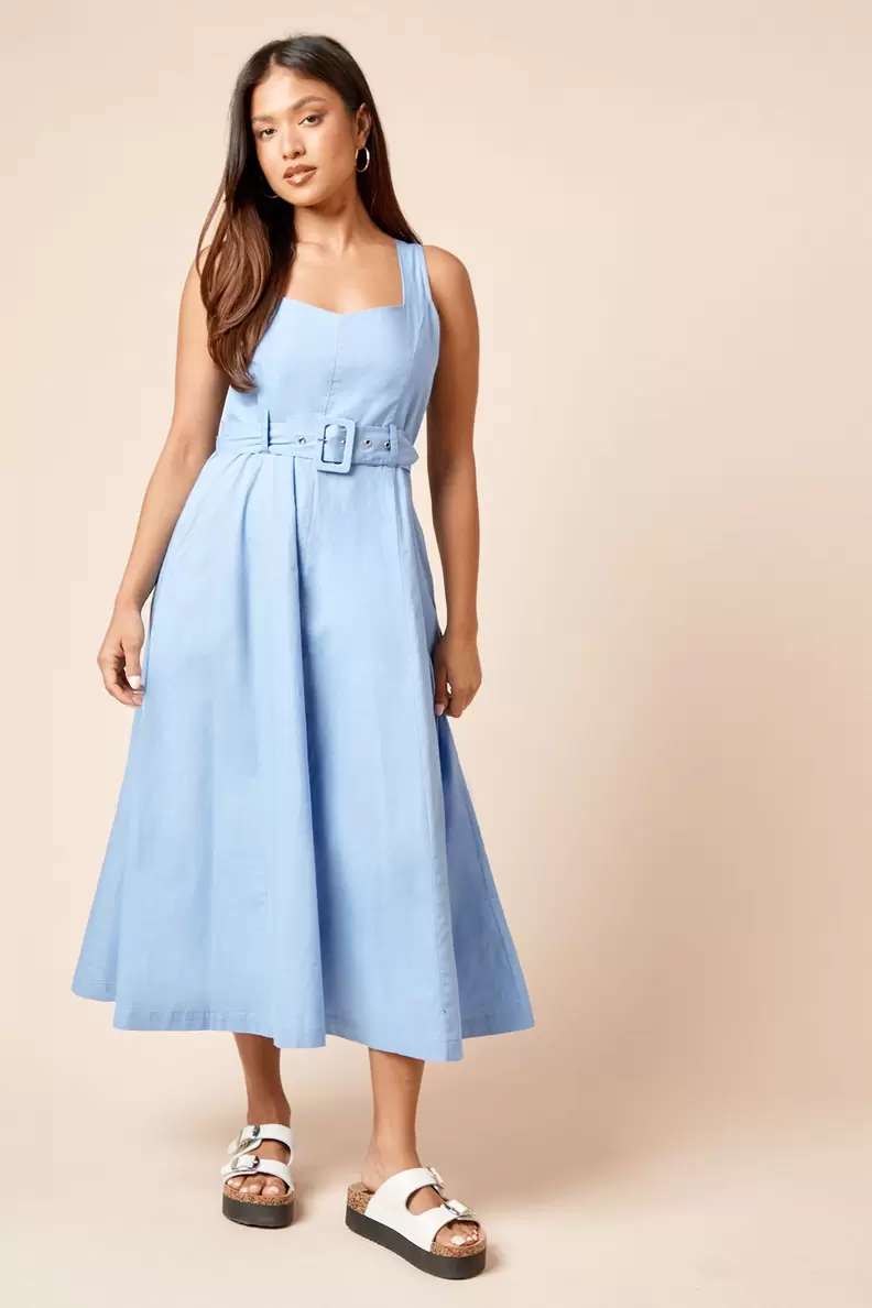 Petite Belted Sleeveless Seamed Midi Dress