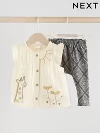 Cream/Grey Giraffe 100% Cotton Woven Baby Stitched Animal Top and Printed Leggings Set