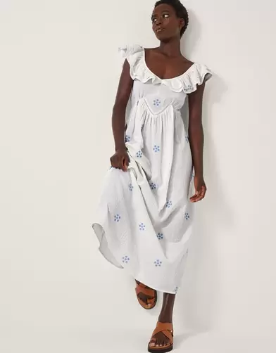 Daisy Frill Embroidered Midi Dress White