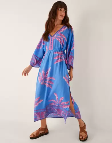 Pamela Palm Print Kaftan Dress Blue