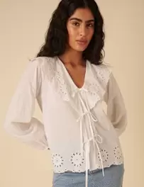Pure Cotton Broderie Tie Front Blouse