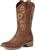 Cowboy Boots for Women - Mid Calf Western Sunflower Cowgirl Boots with Floral Embroidery, Square Toe Stitched Pull On Retro Design, Perfect for Country Idyll, Concerts and More