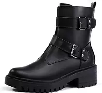 Biker Boots for Women Combat Motorcycle Moto Women's Ankle Boots Comfortable Two Buckles Lug Sole Chunky Low Heel Short Boots Fall Fashion Cute Trendy Dressy Side Zipper Boots Booties for Women