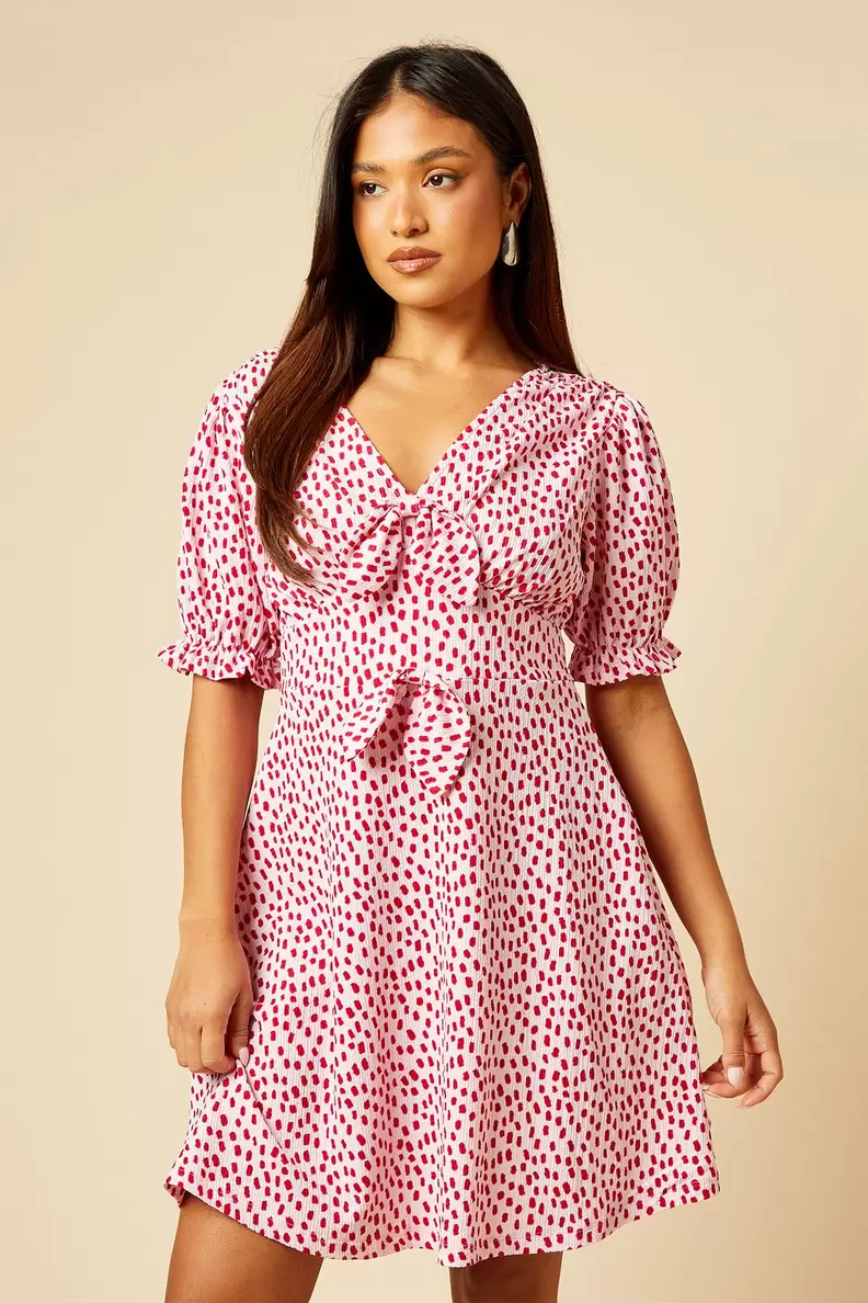 Petite Pink Spot Bow Front Puff Sleeve Jersey Mini Dress