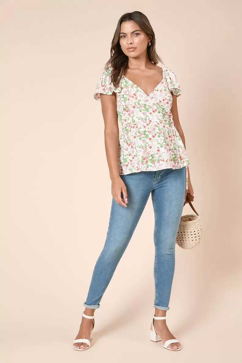 Floral Wrap Front Frill Sleeve Blouse