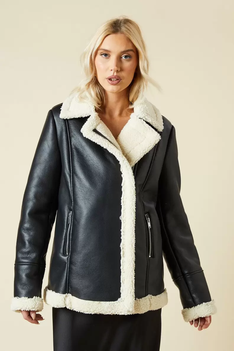 Faux Leather Longline Aviator Jacket