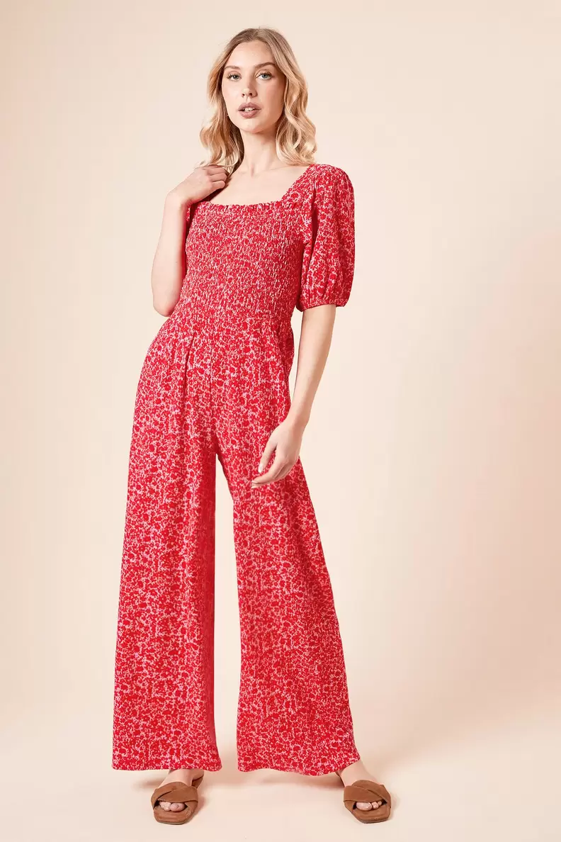 Red Ditsy Shirred Bodice Puff Sleeve Jersey Bodysuit