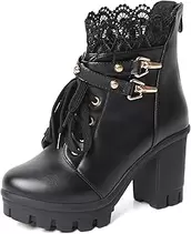 MEOTINA Women Platform Boots Black Chunky Heel Ankle Booties Lace Buckle Combat Boots with Zipper High Heel Goth Shoes