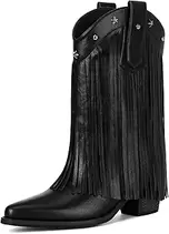 Fringe Cowboy Boots for Women – Mid Calf Cowgirl Boots with Star Studded, Pointed Toe and Chunky Heel, Perfect for Country Music Festivals
