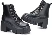 Women’s Combat Boots Lightweight Lace up Side Zipper Ankle Botas High Heel Chunky Platform Lug Sole Booties Size 6-11