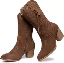 Cowboy Cowgirl Boots for Women: Western Country High Heel Boots Suede Zipper Mid Calf Booties