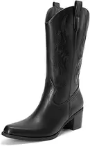 Women's Square Toe Cowboy Cowgirl Boots Embroidered Mid Calf Western Boots Fashion Dress Low Chunky Heel Boots for Theme Party Country Concert
