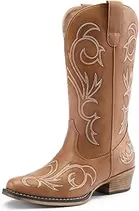 Women's Cowboy Boots Mid Calf Cowgirl Boots Square Toe Chunky Heel Embroidery Stitched Western Boots