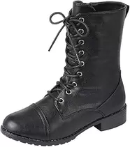 Womens Round Toe Military Lace Up Knit Ankle Cuff Low Heel Combat Boots