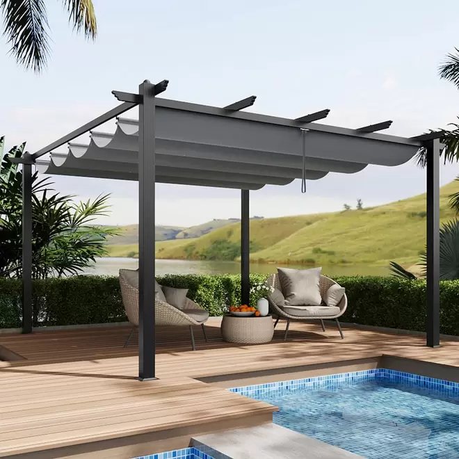 Living and Home Light Grey Aluminium Pergola with Retractable Roof 4 x 4m