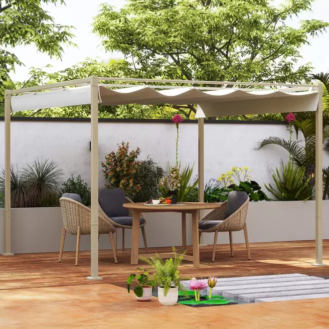 Outsunny Khaki Garden Pergola with Retractable Roof 3 x 3m