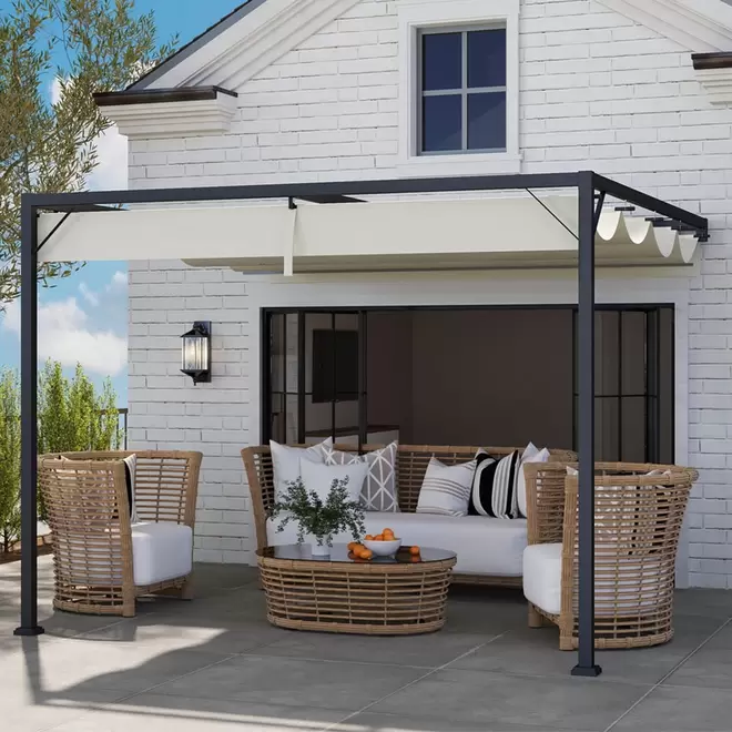 Outsunny Cream Wall Mounted Retractable Pergola Gazebo 3 x 3m