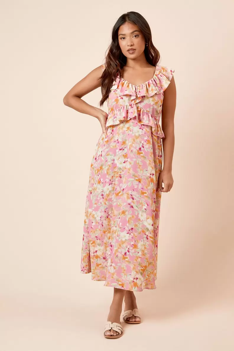 Petite Floral Frill Neckline Tie Back Midi Dress