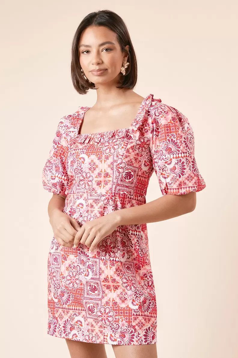 Red Geo Frill Front Tie Back Mini Dress