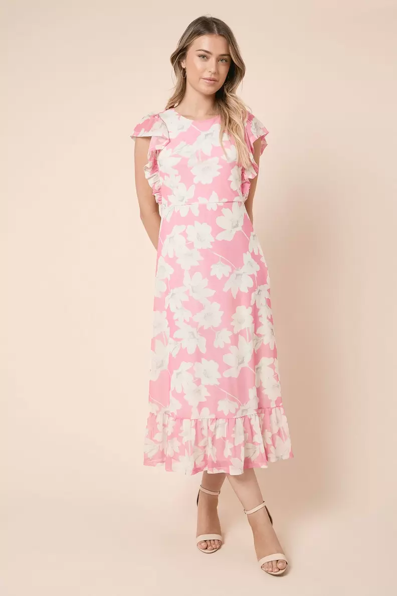 Pink Frill Sleeve Belt Detail Mesh Jersey Midi Dress