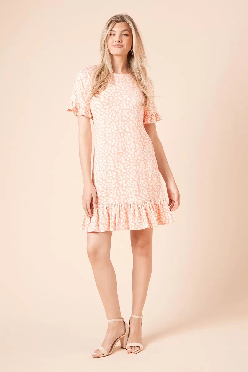 Coral Animal Short Sleeve Frill Hem Mini Dress