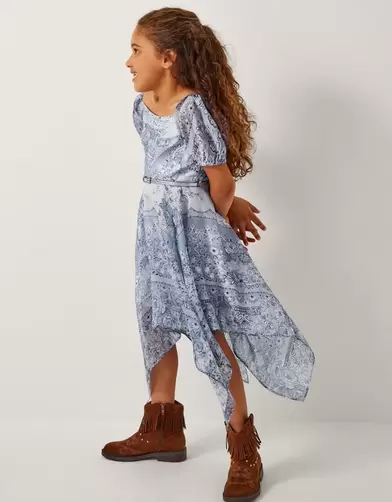 Paris Paisley Print Hanky Hem Dress Blue