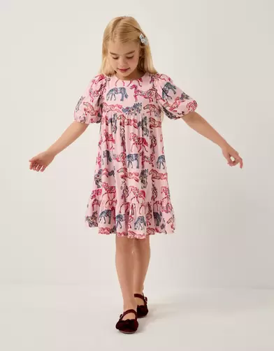 Horse Print Puff Sleeve Dress Pink