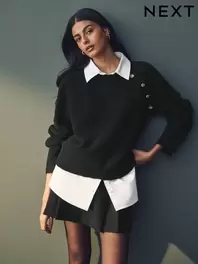 Black Layered Long Sleeve Collared Gold Detailed Button Jumper with Wool and 100% Cotton Shirt