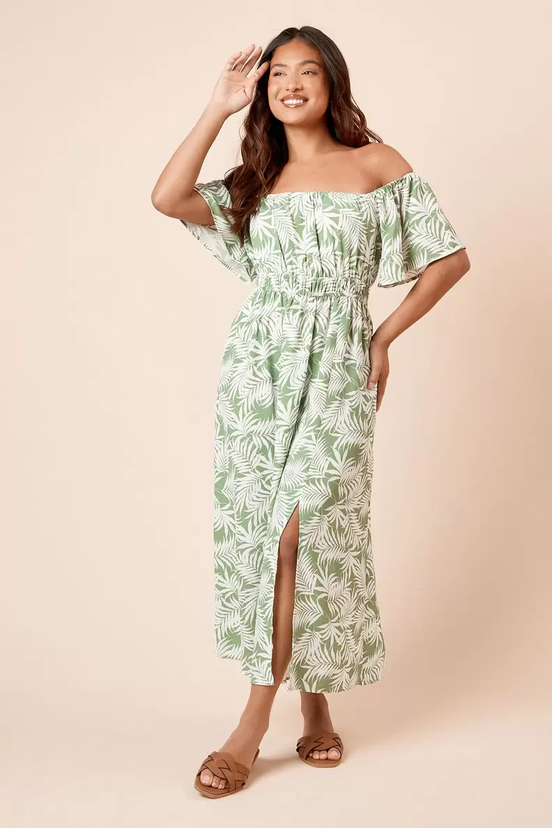 Petite Palm Bardot Full Skirted Midi Dress