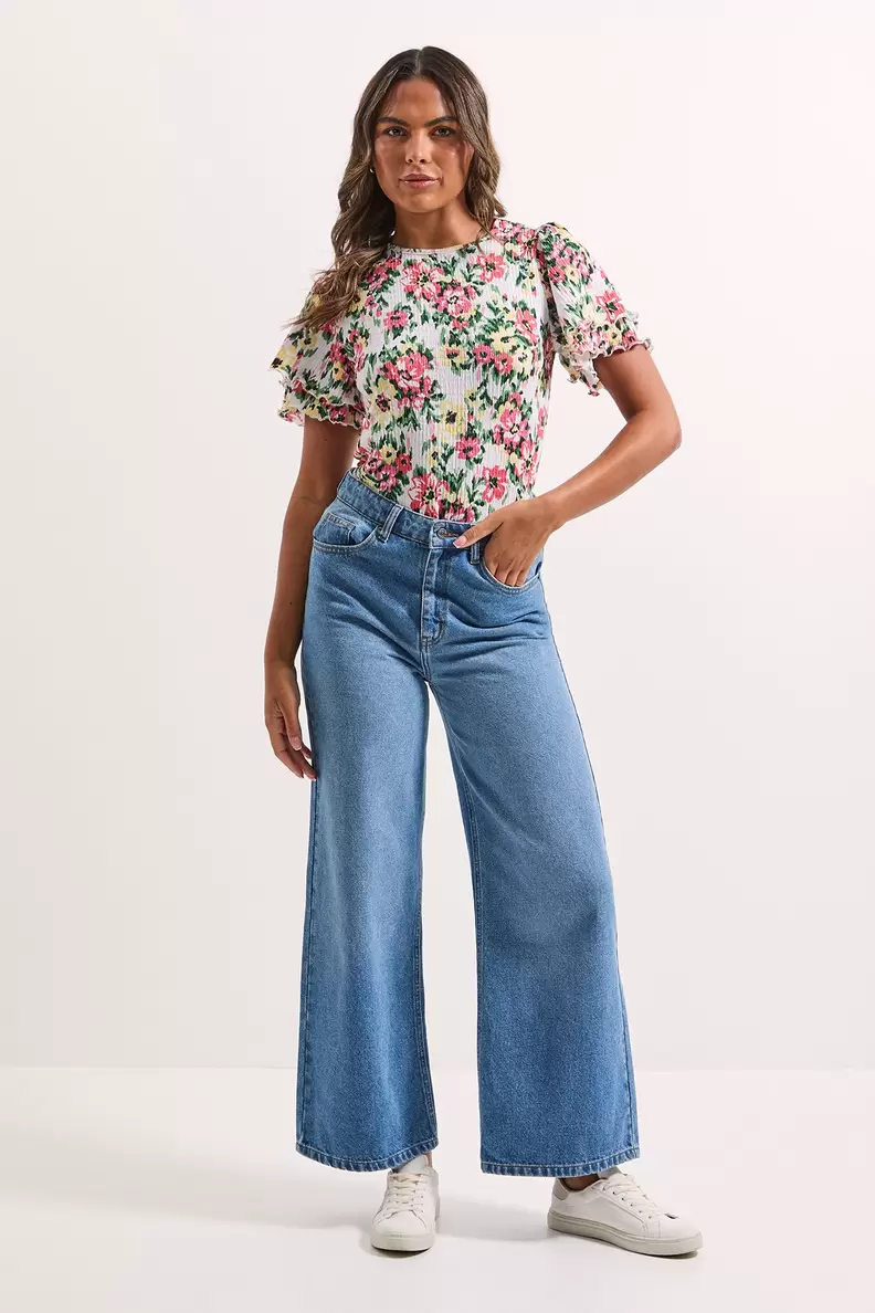 Floral Ruffle Sleeve Printed Jersey Top