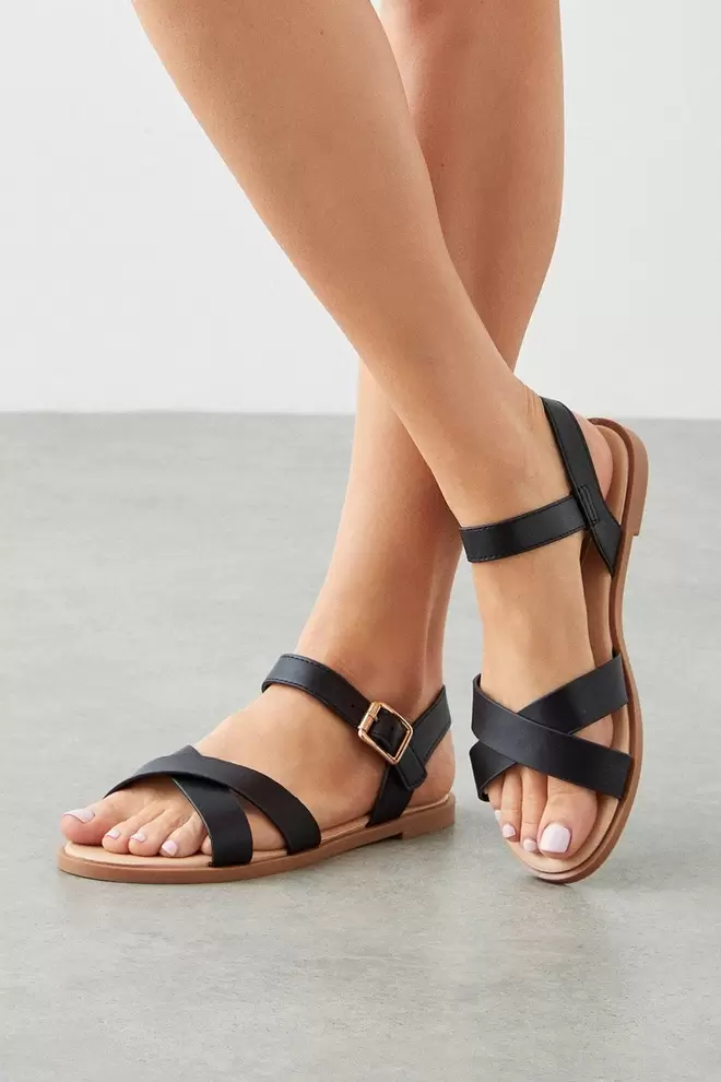 Wide Fit FlorenceFaux Leather Cross Strap Flat Sandals