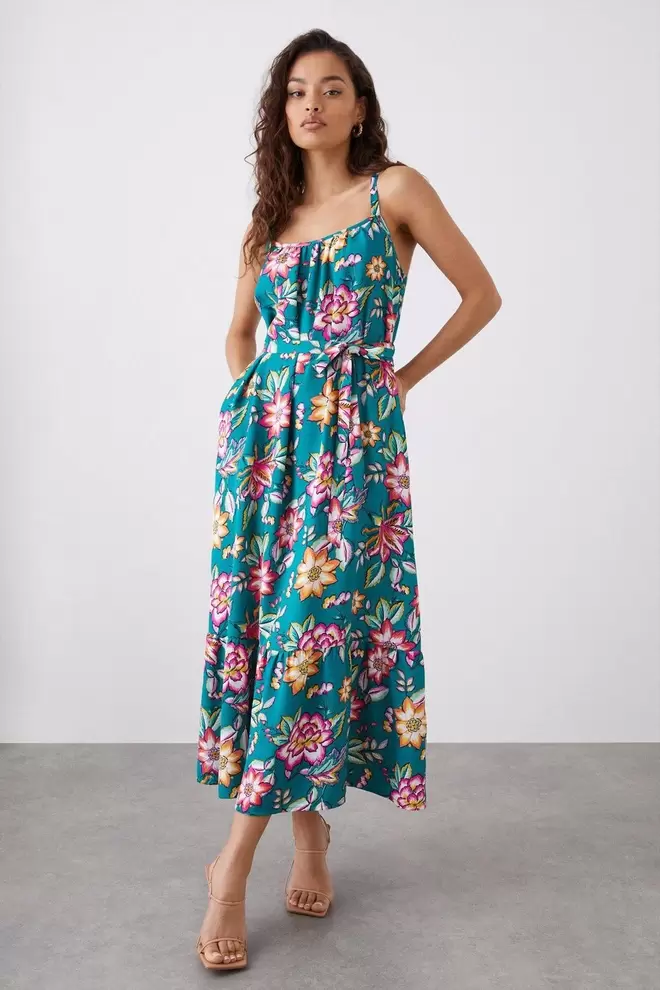 Petite Green Floral Tiered Pocket Midi Dress
