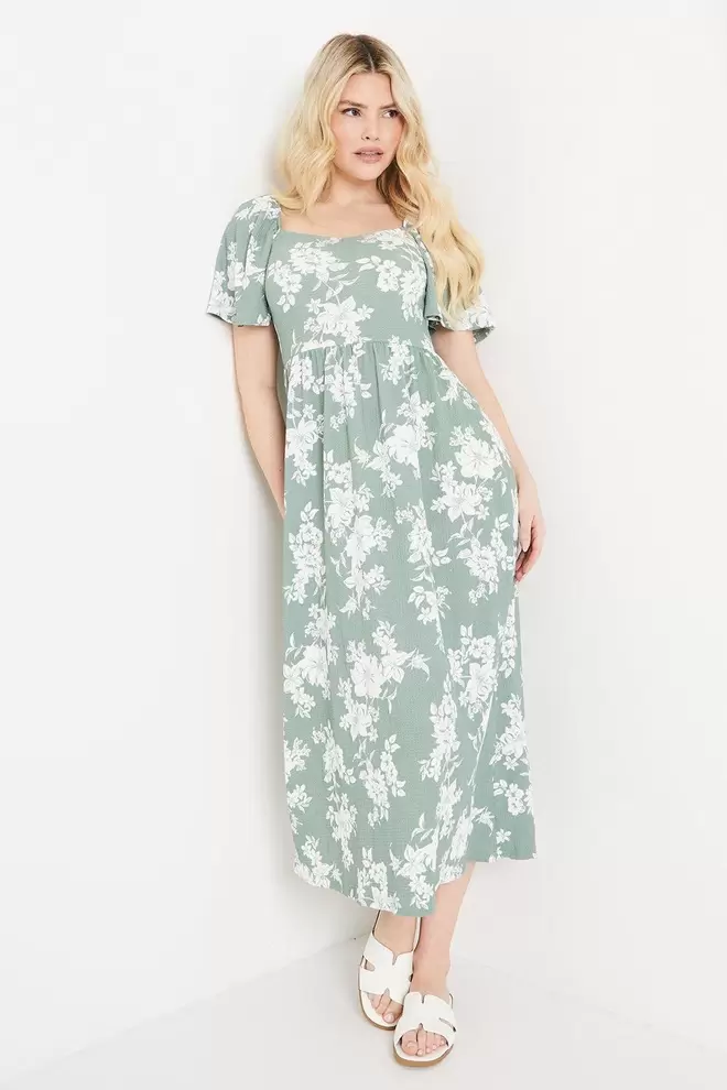 Floral Print Flutter Sleeve Jersey Midi Dress