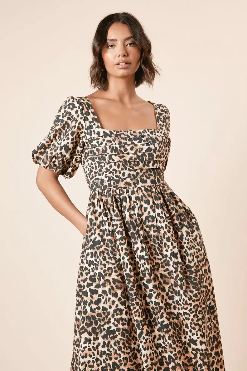 Leopard Pleated Bodice Midi Dress