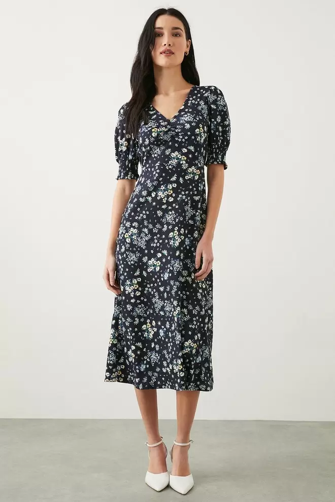 Petite Navy Ditsy Shirred Cuff Jersey Midi Dress