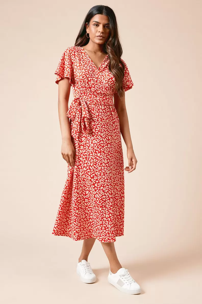 Petite Animal Wrap Front Jersey Midi Dress