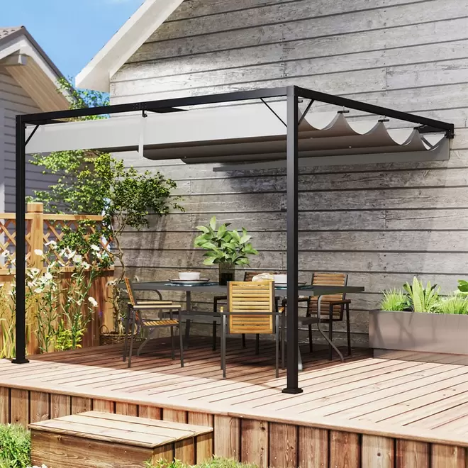 Outsunny Grey Wall Mounted Retractable Pergola Gazebo 3 x 3m