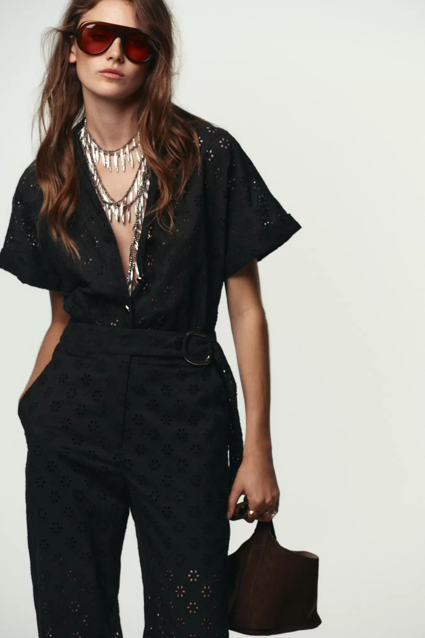 CUTWORK EMBROIDERY BUCKLE JUMPSUIT