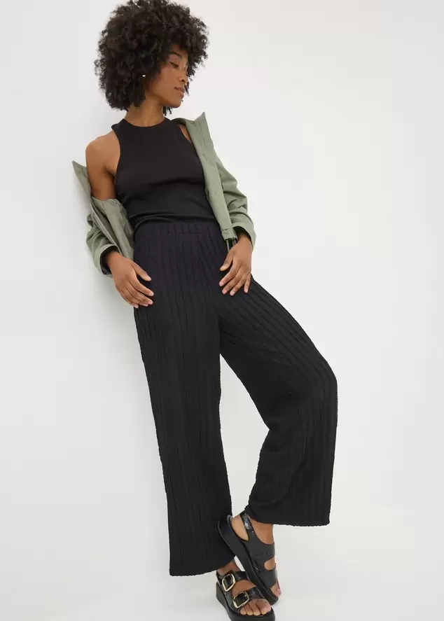 Black Textured Wide Leg Trousers