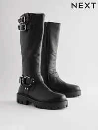 Black Leather Standard/Wide Fit Forever Comfort® Knee High Double Buckle Biker Boots
