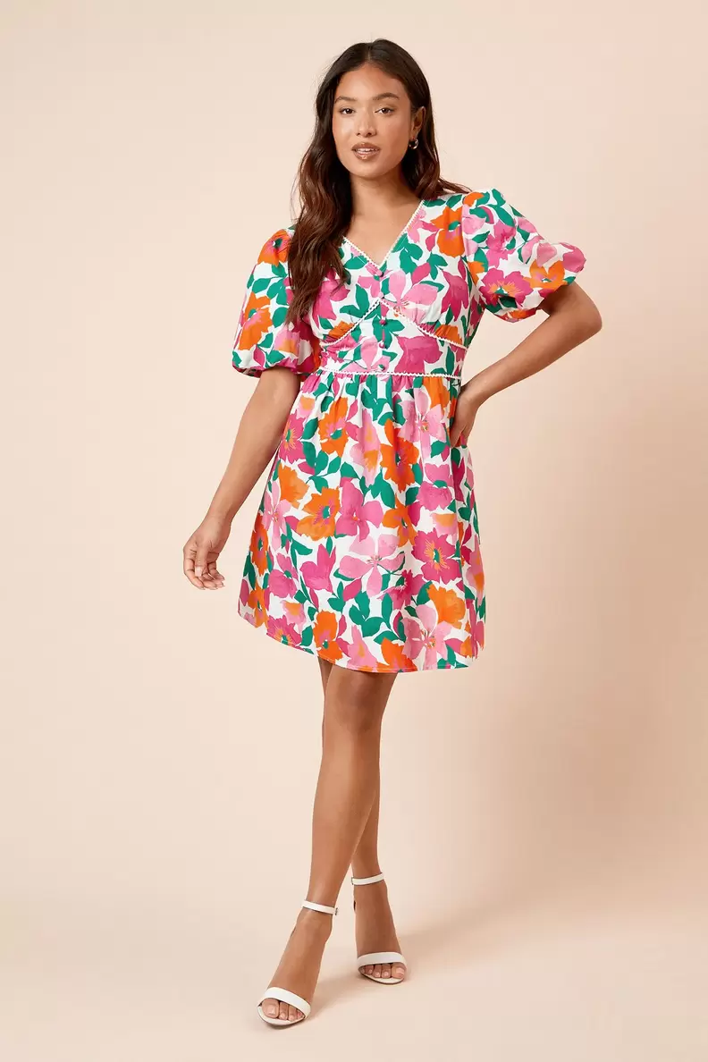 Petite Floral Trim Detail Puff Sleeve Mini Dress